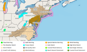 Many wind-related advisories and watches are posted for tomorrow in the eastern U.S. Image: weatherboy.com