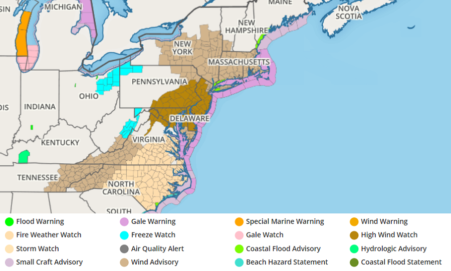 Many wind-related advisories and watches are posted for tomorrow in the eastern U.S. Image: weatherboy.com