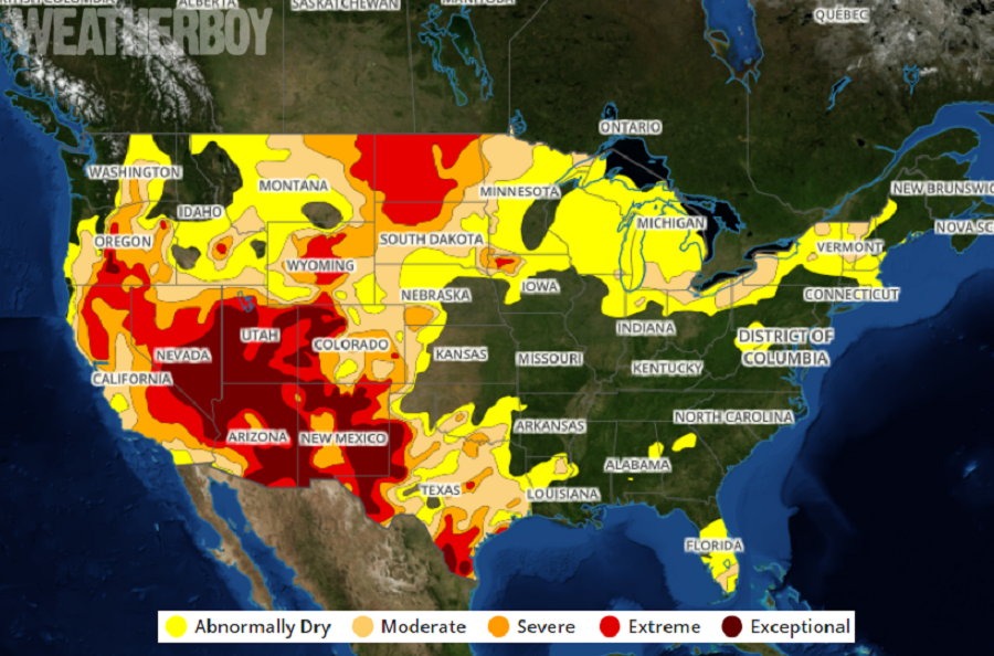 The latest Drought Monitor map shows areas of exceptional drought expanding across the western United States.  Image: weatherboy.com