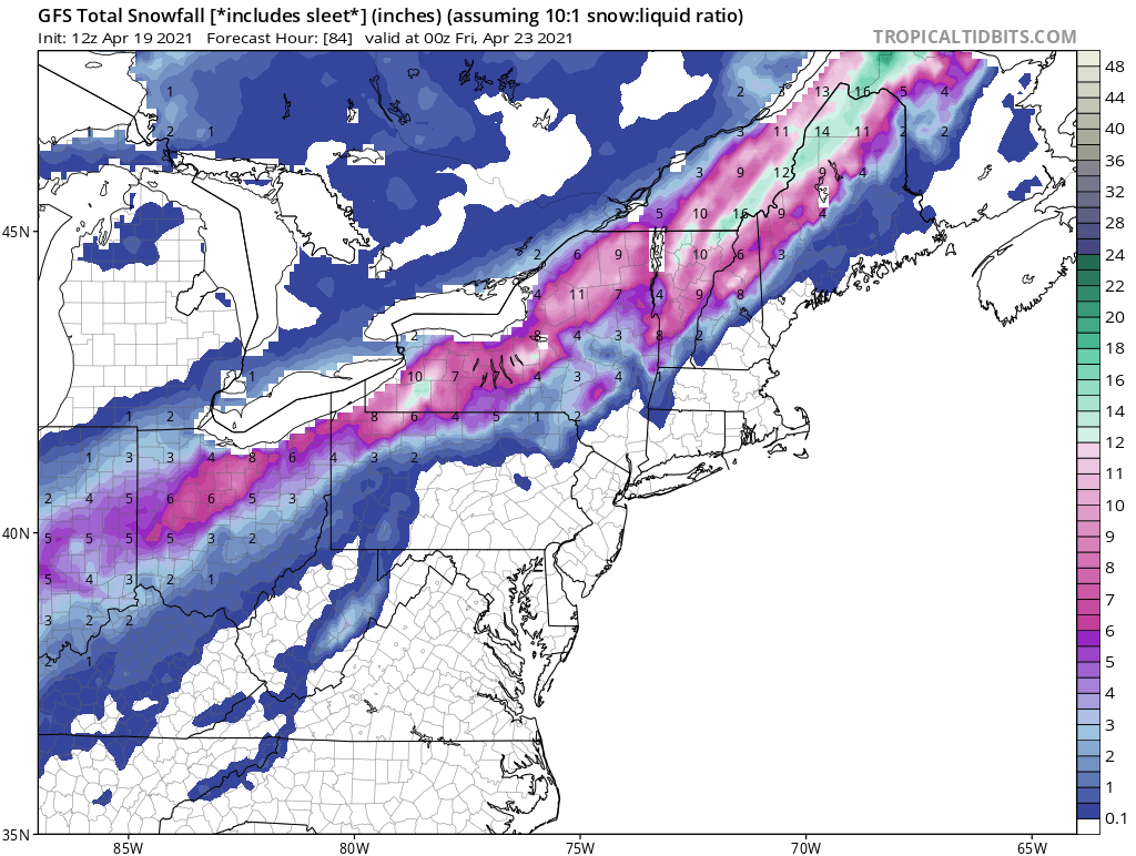 While it is still too soon to know whether this computer simulation will verify, the American GFS forecast model is suggesting that 6-12"+ of snow could fall in portions of the northeast from this week's storm. Image: tropicaltidbits.com
