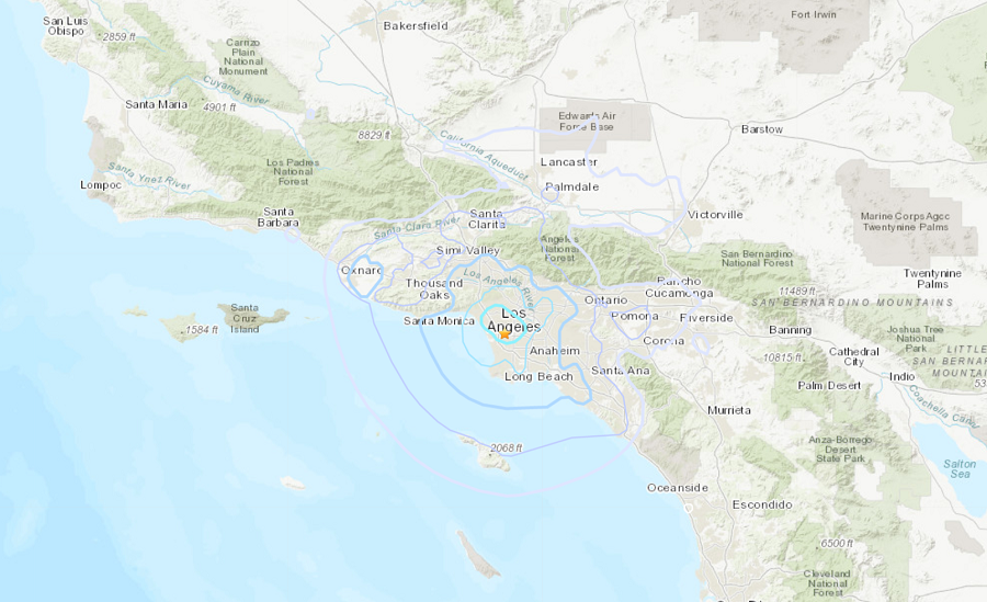 Today's earthquake struck just outside of Los Angles, California but was widely felt throughout the LA metro. Image: USGS