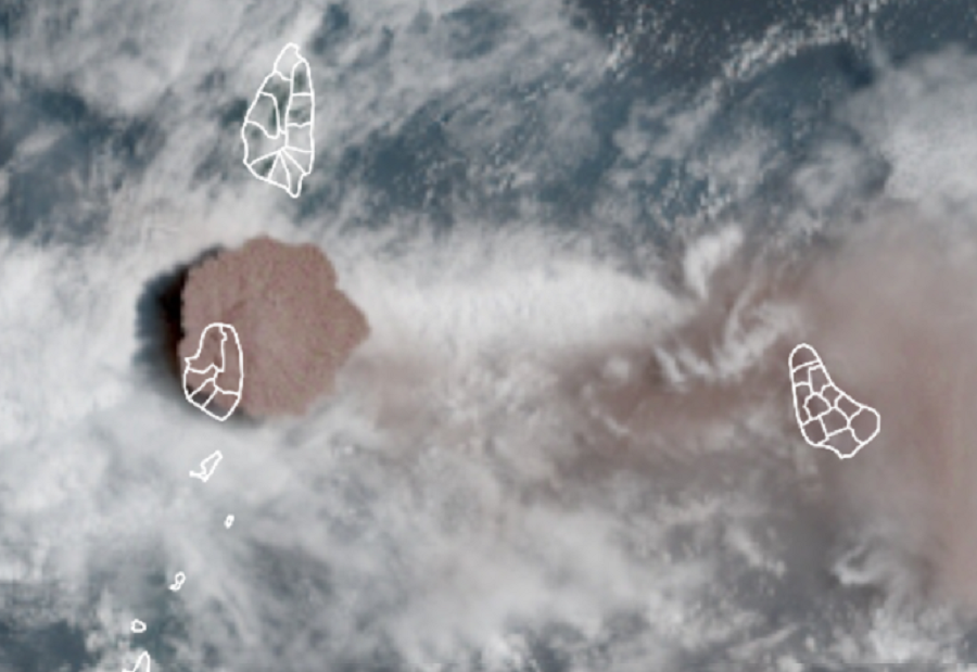The largest explosive eruption yet has struck St. Vincent, covering it and neighboring islands with thick volcanic ash. Image: NOAA
