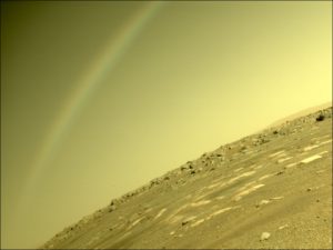 With the Mars Helicopter, Ingenuity, successfully deployed from the Perseverance rover, eyes were drawn to what appears to be a rainbow arcing over the horizon. Image: NASA/JPL-Caltech