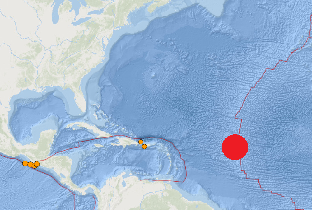 Today's earthquake, shown by the red dot, struck at a depth of roughly 6.2 miles below sea level in the Atlantic. Image: USGS