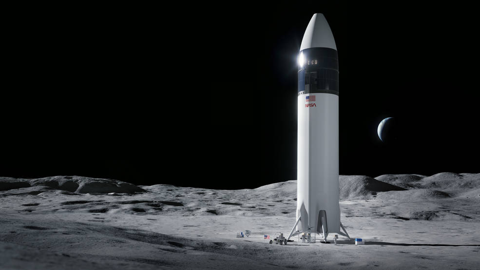 Illustration of SpaceX Starship human lander design that will carry NASA astronauts to the Moon's surface during the Artemis mission. Image: SpaceX