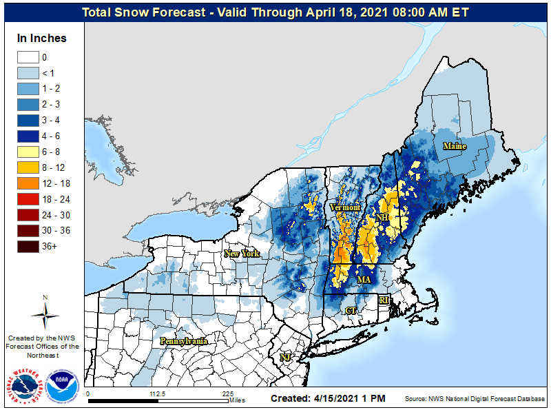 The higher elevations of New England could see more than 10" of snow. Image: NWS