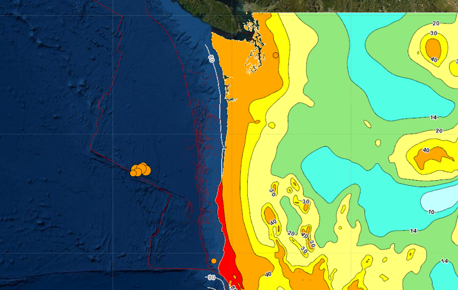 Most of today's earthquakes were centered in an area off-shore from the coast of Oregon. The map includes the USGS Hazard Classifications, with orange and red areas showing highest risk of seismic threats. Image: USGS