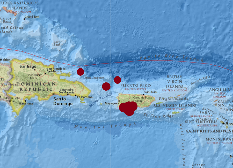 A series of earthquakes, indicated by the dots on this map, have struck the area around Puerto Rico and the Dominican Republic over the last 24 hours. Image: USGS