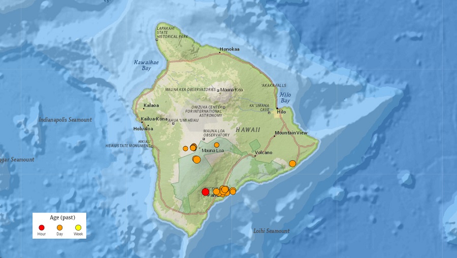 Earthquakes continue around the Mauna Loa volcano today, with a 3.0 striking moments ago.  Image: USGS