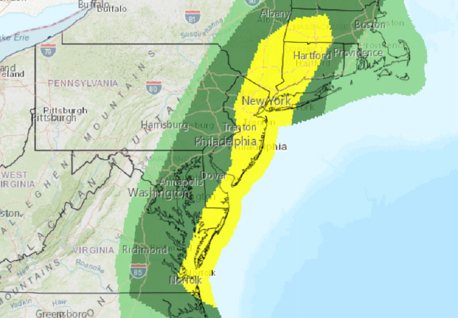 In today's Convective Outlook, the Storm Prediction Center believes the area in yellow is at greatest risk for severe thunderstorms this afternoon. Image: NWS
