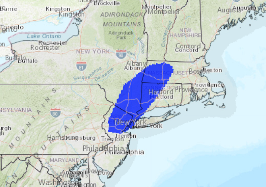 According to the CPC, the area at risk for isolated tornadoes today is in the blue shading stretching from northern New Jersey into western Massachusetts. Image: NWS