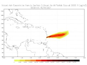 Forecast models show the plume of volcanic ash will spread east over the Atlantic Ocean with time. Image: University of the West Indies Seismic Research Centre