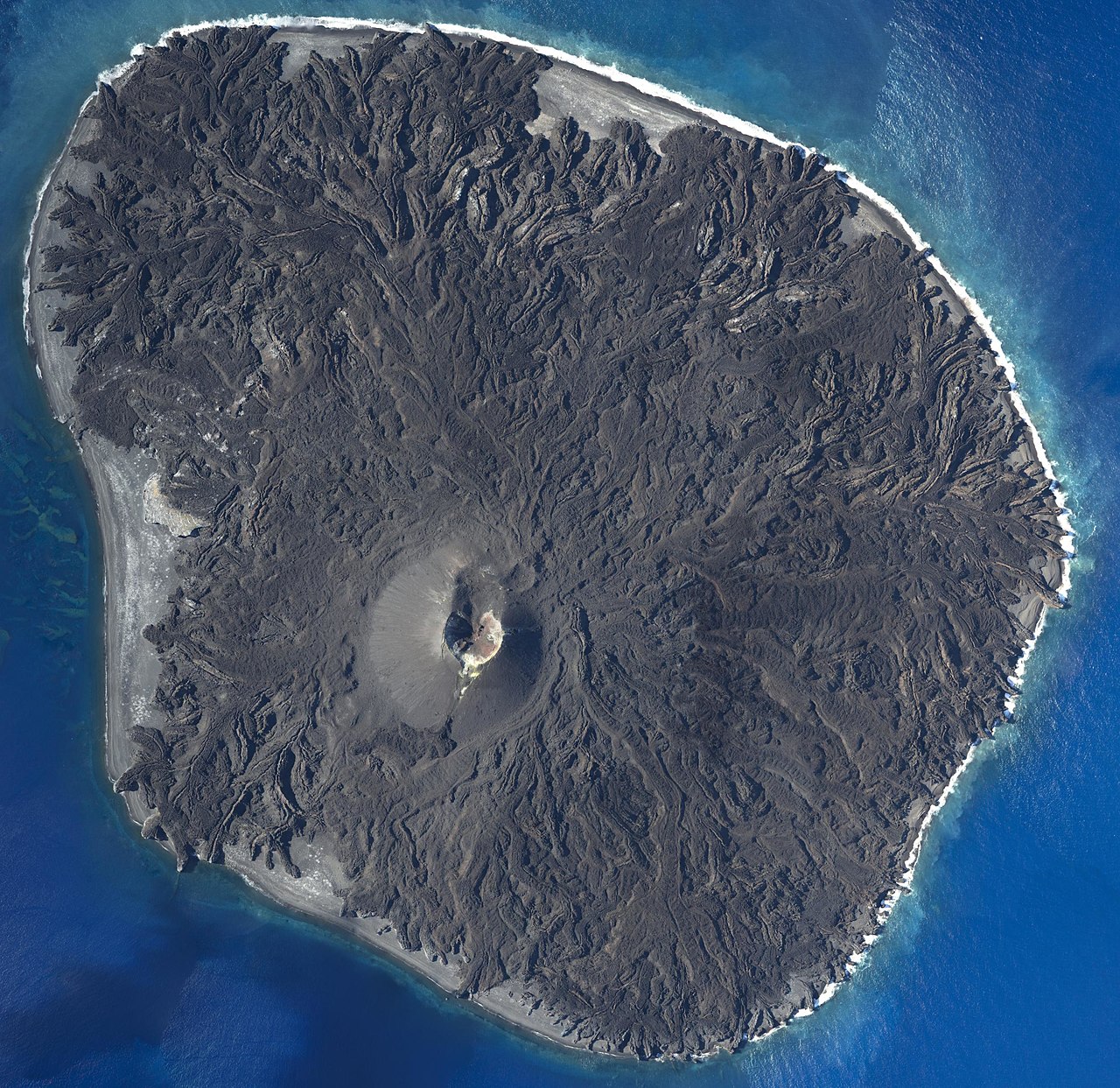 A 2015 eruption buried much of this island under lava; only a small portion of the west coast of this Volcano Islands island isn't covered by recent lava flows.  Image:  Geospatial Information Authority of Japan 