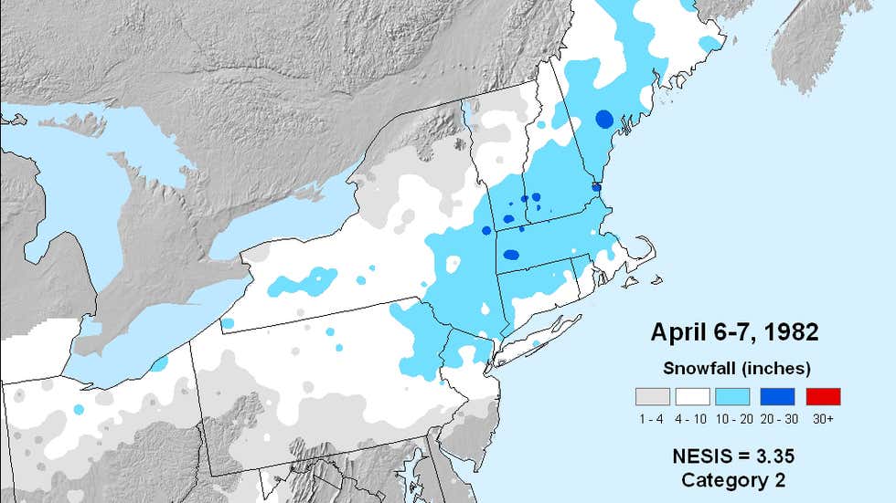 The 1982 blizzard dumped more than a foot of snow in parts of the northeast.  Image: NOAA