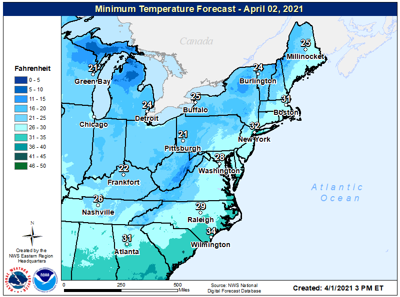 Very cold temperatures are expected across a large part of the eastern United States tomorrow morning. Image: NWS