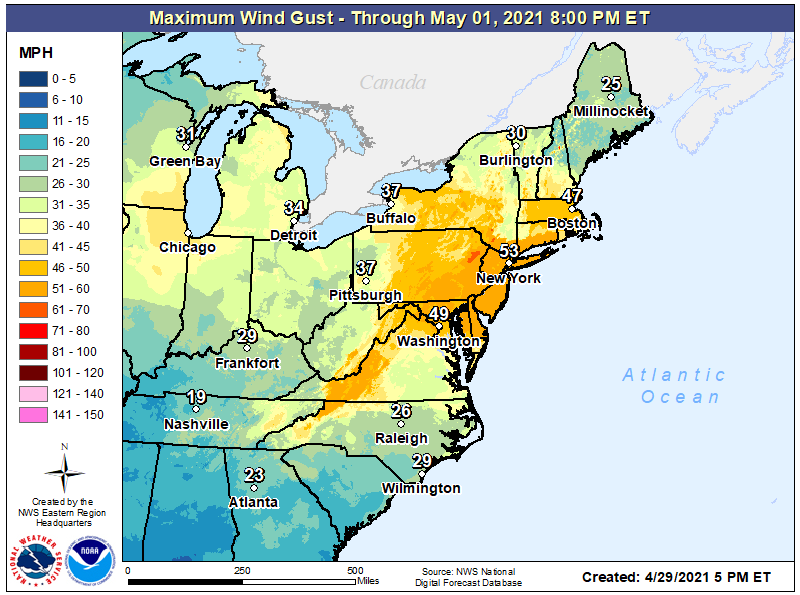 Wind gusts up to or over 60 mph are possible in portions of New York, Connecticut, New Jersey, Pennsylvania, Virginia, Maryland, and Delaware on Friday. Image: NWS