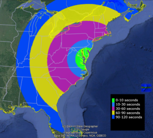 The rocket could be visible across much of the eastern U.S. Saturday evening if the weather cooperates. Each band shows how many seconds after launch the rocket should be visible in the eastern sky. Image: NASA
