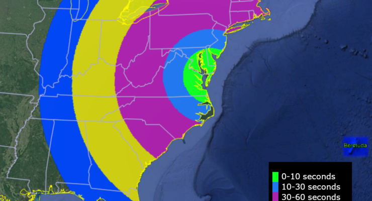 The rocket could be visible across much of the eastern U.S. Saturday evening if the weather cooperates. Each band shows how many seconds after launch the rocket should be visible in the eastern sky. Image: NASA