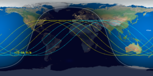 The core stage of the Chinese Long 5 Rocket is due to crash back on Earth on May 10, according to the latest forecast made by The Aerospace Corporation. It could follow the trajectory of a nearly identical out-of-control rocket that was tracked last May too. The blue and yellow lines show the forecast path of the rocket. Image: The Aerospace Corporation