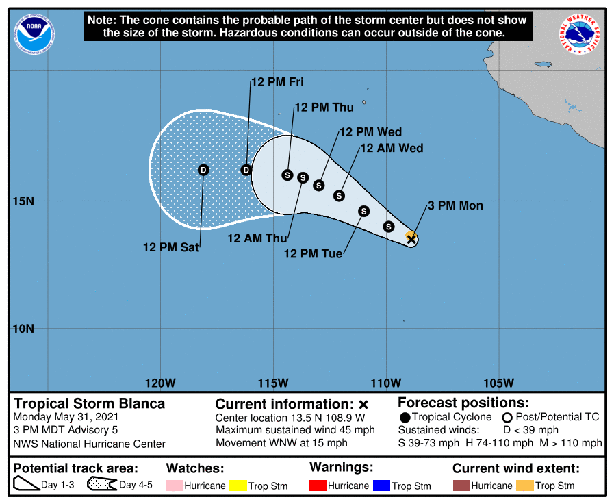 The first official storm track of Tropical Storm Blanca. Image: NHC