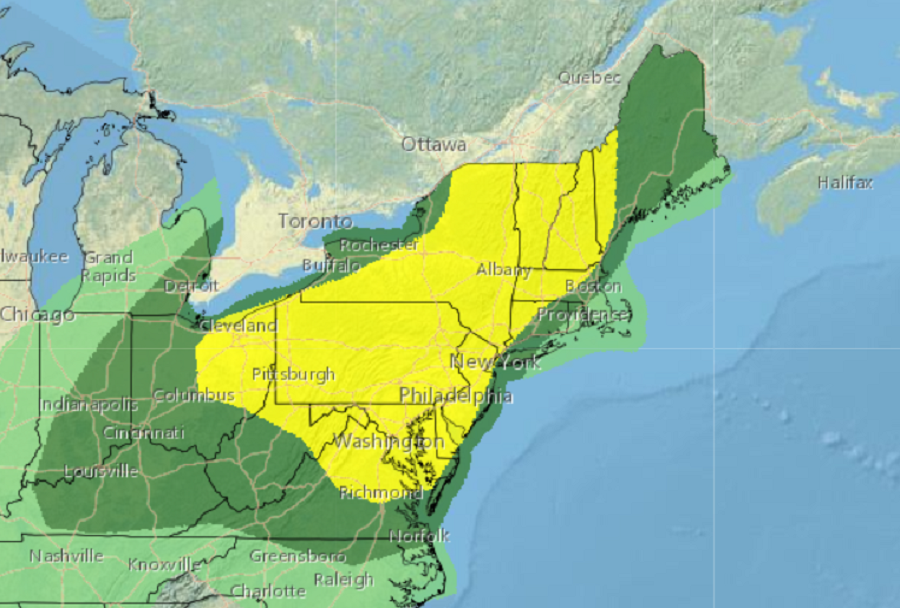 According to the Storm Prediction Center, while thunderstorms are probable in the dark green area, they have the best odds of becoming severe in the yellow shaded area.  Image: NWS