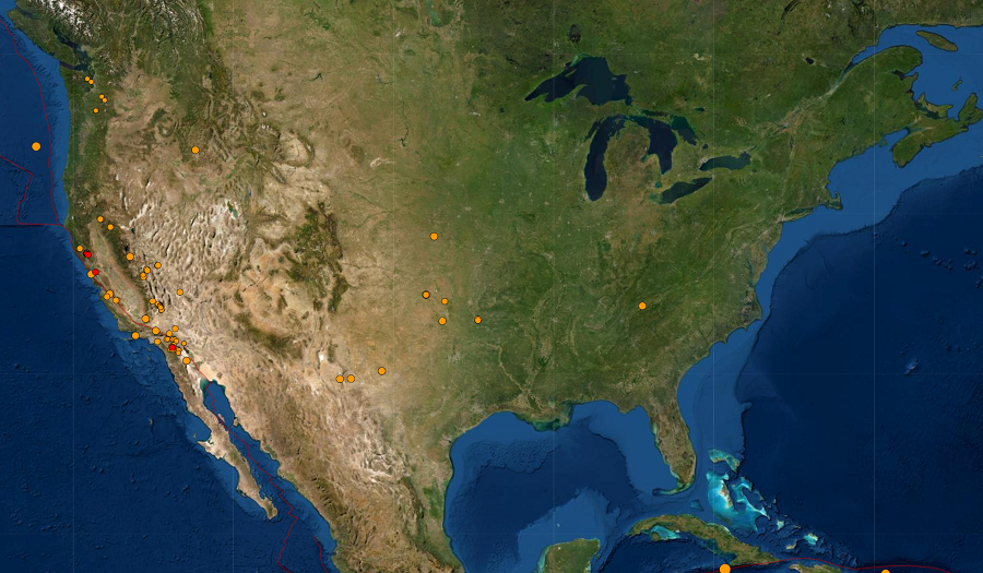 More than 130 earthquakes struck the United States in the last 24 hours, with each orange and red dot illustrating the epicenter of each. The red dots are the most recent. Image: USGS