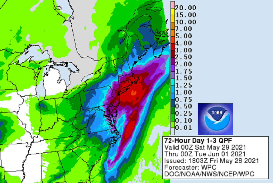More than 3" of rain is possible along the northeast coast this holiday weekend. Image: NWS
