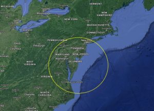 The May 26th rocket launch will lift off from the NASA Wallops Flight facility on the coast of Virginia; the rocket could be visible in portions of the Mid Atlantic as it shoots up 94 miles into the sky. Image: Google