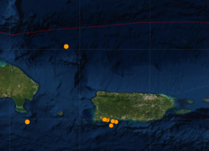 Each dot represents the epicenter of an earthquake that struck in/around Puerto Rico over the last 24 hours. Image: USGS