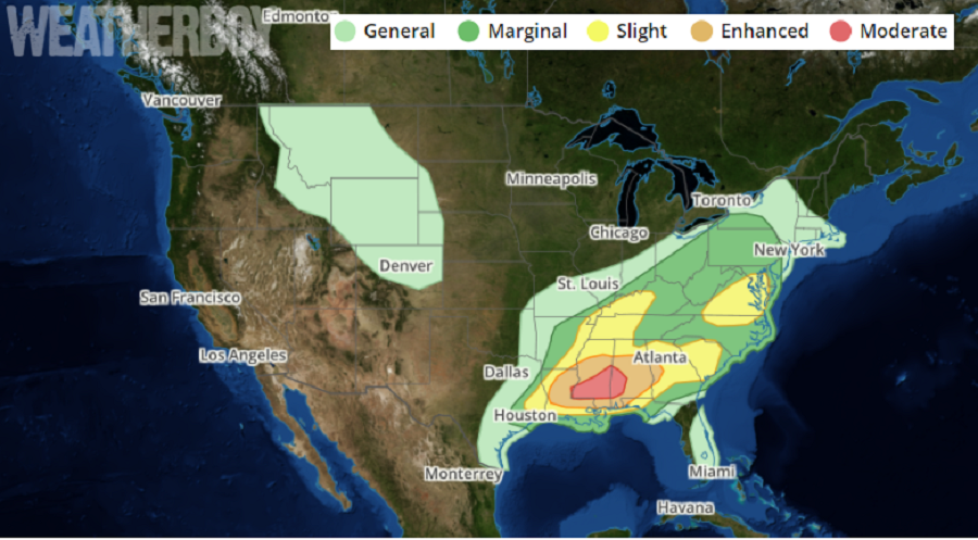 The latest Convective Outlook shows two pockets of severe weather expected today: one over the south, the other over the Mid Atlantic. Image: weatherboy.com