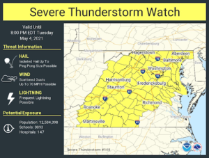 The National Weather Service is issuing Severe Thunderstorm Watches like this one ahead of today's weather event. Image: NWS