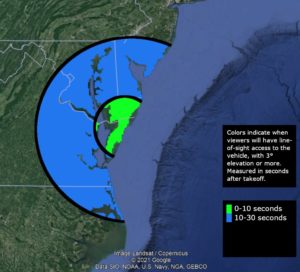 The scheduled launch of a rocket Wednesday evening from the NASA Wallops spaceport could be visible in cloud-free skies of southern New Jersey, Delaware, eastern Maryland, eastern Virginia, and northeastern North Carolina. Image: NASA Wallops