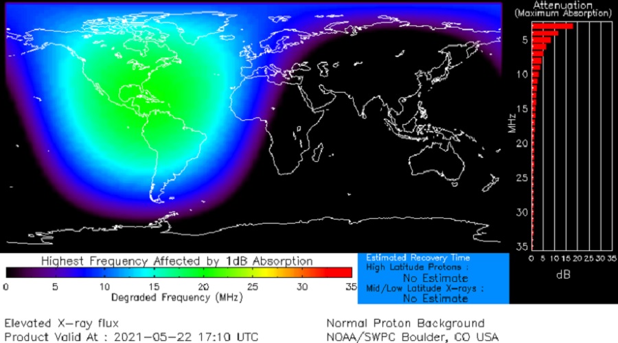 Visual showing areas affected by X-ray flux. Image: SWPC