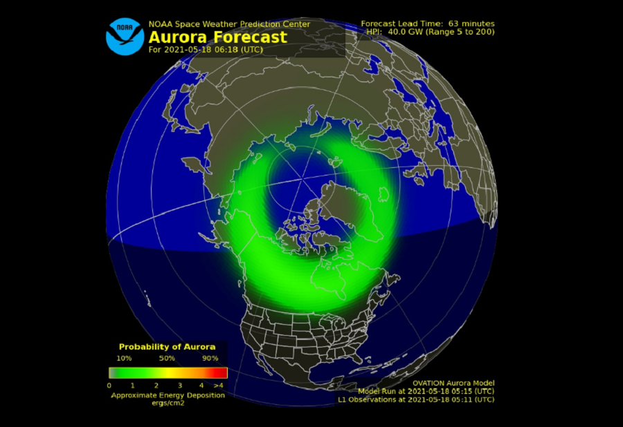 This latest geomagnetic storm could produce the phenomena known as the "Northern Lights" across a broad portion of North America over the next 24 hours.  Image: NWS / SWPC