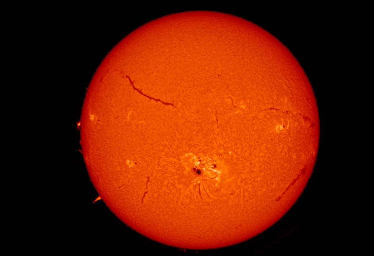 H-alpha image of activity in the Sun’s chromosphere from GONG, now being processed through NOAA SWPC. Image: NSO/AURA/NSF with contribution from NOAA