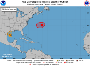 The latest Tropical Outlook from the National Hurricane Center shows two systems of concern in the Atlantic hurricane basin. Image: NHC