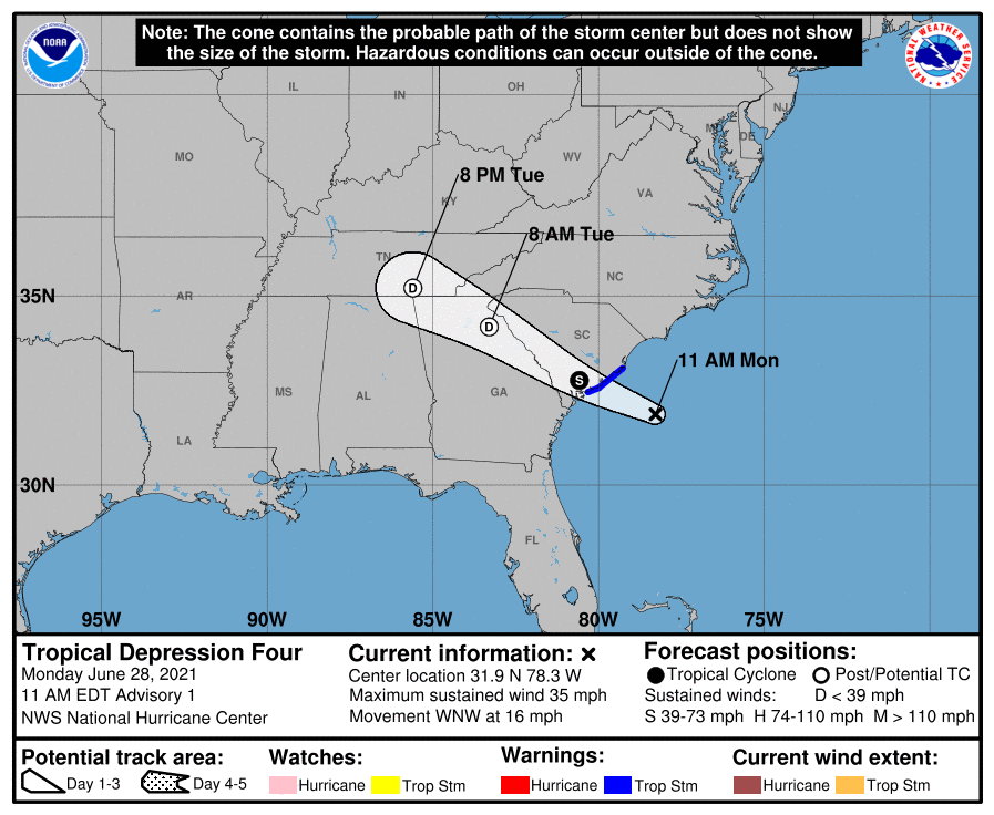The area in blue is now under a Tropical Storm Warning. Image: NHC