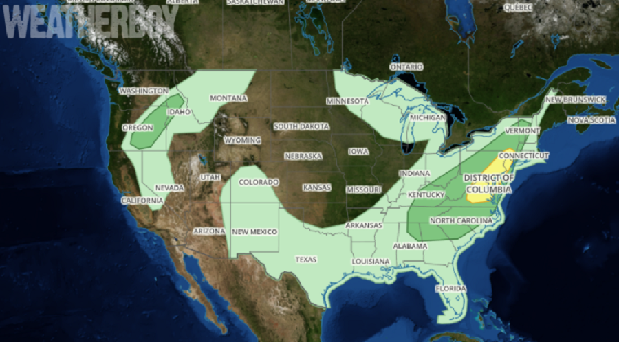 The Convective Outlook issued by the National Weather Service's Storm Prediction Center illustrates where thunderstorms could threaten tomorrow. While thunderstorms are possible in the light green area, there's a threat of severe ones in the dark green area. The yellow area reflects the highest risk for severe storms tomorrow.  Image: weatherboy.com