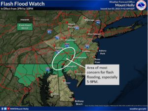 A Flood Watch is up in the green area through tonight. Image: NWS