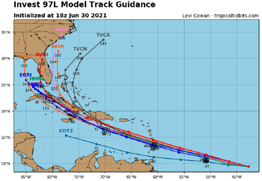 Latest model guidance shows the storm headed in the general direction of Florida over time.   Image: tropicaltidbits.com