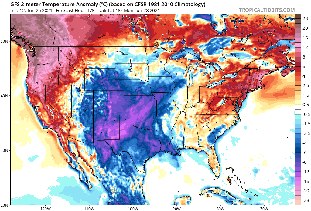 For Monday, the American GFS global computer forecast model expects temperatures to rise more than 20°C or 68°F above normal in the northeast too while the northwest continues to bake. Image: tropicaltidbits.com