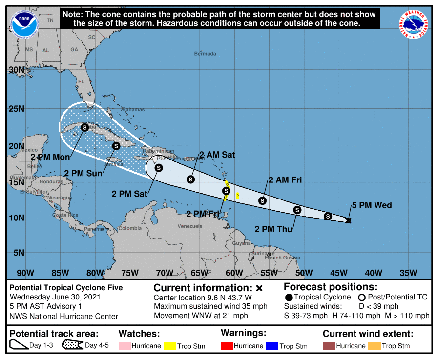 The National Hurricane Center has initiated advisories on Potential Tropical Cyclone #5.  Image: NHC