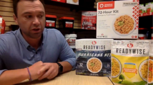 Brandon Eriksson shows off ReadyWise's food kits. Image: Weatherboy