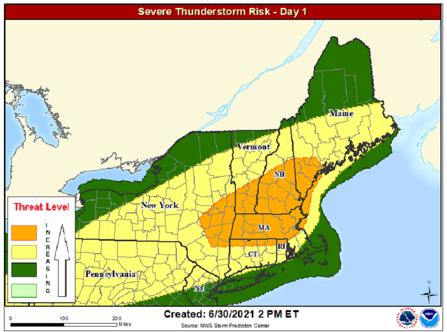 Severe thunderstorms are possible in the green area, but there is a greater chance in the yellow zone and an even higher chance in the orange area.  Image: NWS