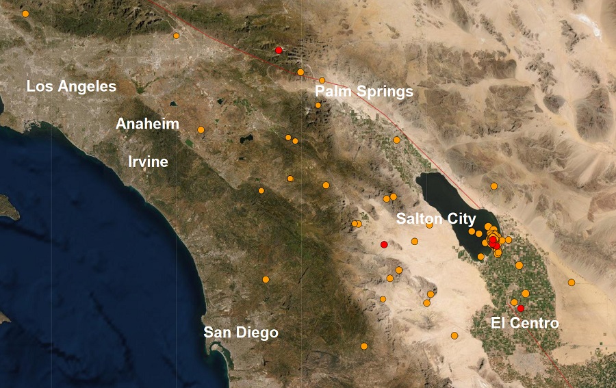 More than 200 earthquakes, with each epicenter marked with an orange or red dot here, have struck southern California. Image: USGS
