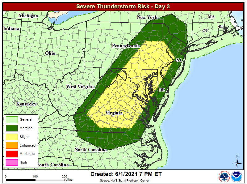 The area in yellow has the highest chance of seeing severe thunderstorms. Image: NWS