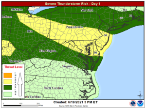 The area in yellow has the greatest chance of seeing severe weather today. Image: NWS