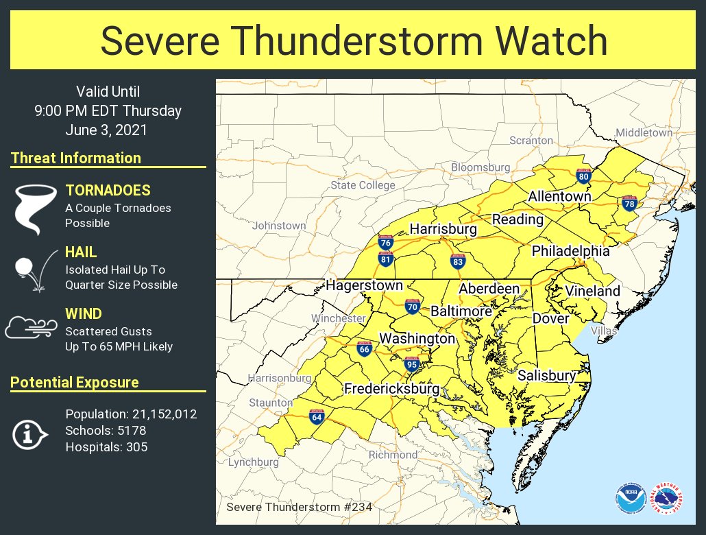 A Severe Thunderstorm Watch is in effect in the yellow area through this evening. Image: NWS
