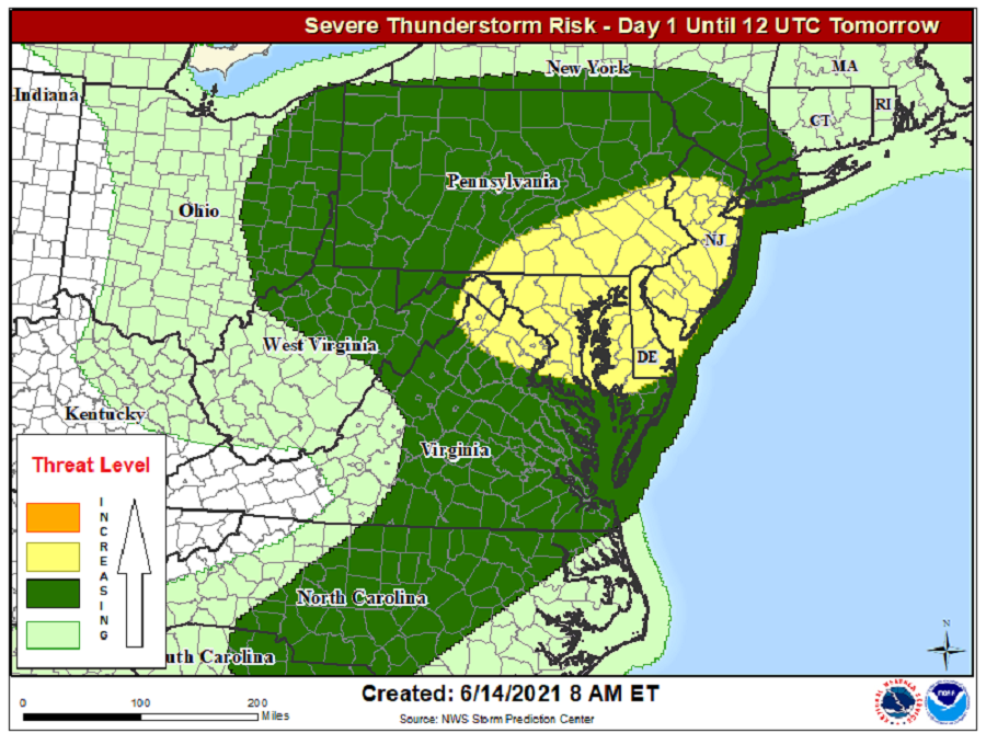 The greatest risk of severe weather today is in the yellow area on the map. Image: NWS