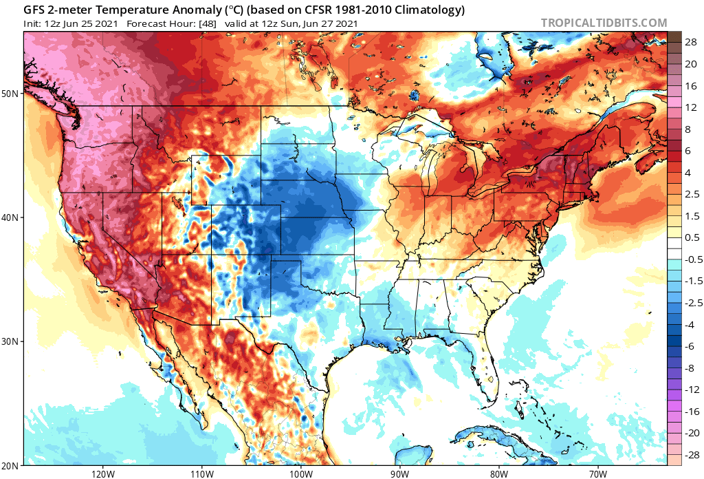 The American GFS global computer forecast model expects temperatures to rise more than 20°C or 68°F above normal in the northwest today. Image: tropicaltidbits.com